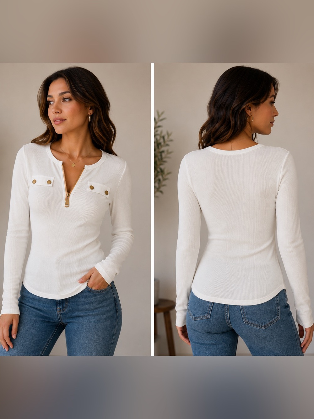 Women's Cream Long-Sleeve Ribbed Henley Top with Zip & Pocket Details